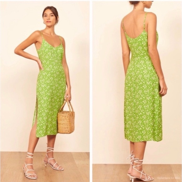 Reformation Halsten Green Ditsy Floral Midi Slip Dress Side Slit 12 - Picture 7 of 9